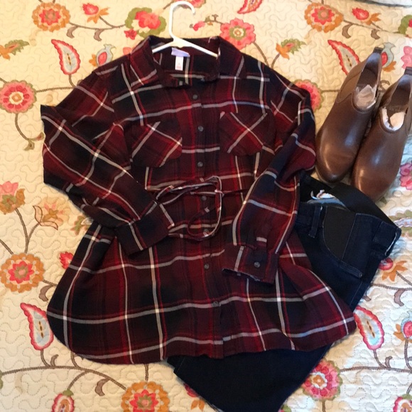 Isabel Maternity Tie Waist Plaid Top - Picture 1 of 5